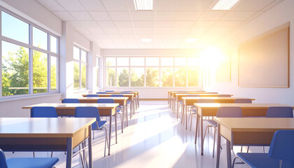 Sunny Classroom with School Desks, and Education.