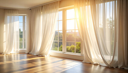 Sunny Room with Sheer Curtains, and View.