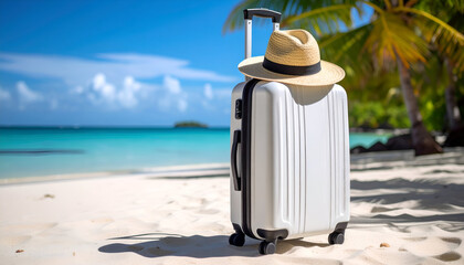 Tropical Vacation Suitcase on Beach.