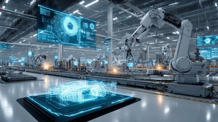 A smart factory equipped with robotic arms and digital prototyping, showcasing advanced manufacturing technology and automation.