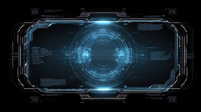 Futuristic HUD interface, metal frame, glowing circular data, technical displays