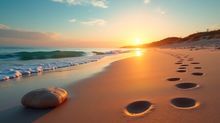 Footprints on a beach at sunset with gentle waves