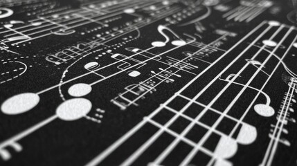A black and white image of musical notes and lines
