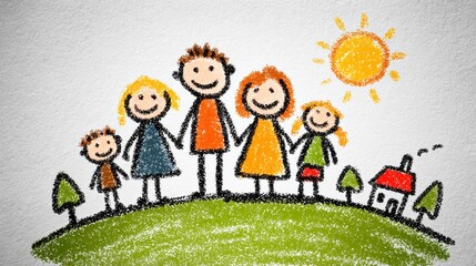 A family of five is standing on a hill with a house in the background