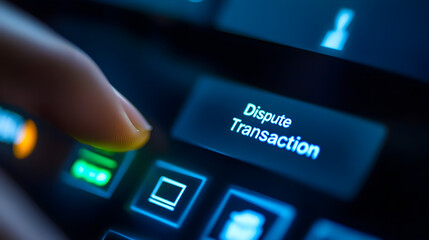 Finger pressing a dispute transaction button on a glowing digital interface in a dark environment