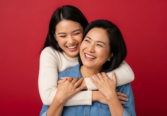 Woman Lovingly Embraces Her Smiling Mother From Behind, Sharing A Joyful And Affectionate Moment Against A Vibrant Red Background, Mother's Day, Family Bond, Generational Love