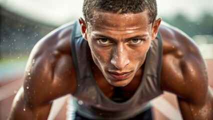 Focused male athlete preparing for sprint on track with determination and intensity in outdoor stadium setting