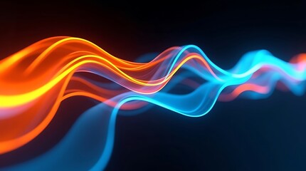 Abstract glowing waves of blue and orange light on dark background