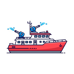 An eye-catching vector graphic of a red fireboat with two active water cannons, symbolizing emergency services and aquatic rescue operations.
