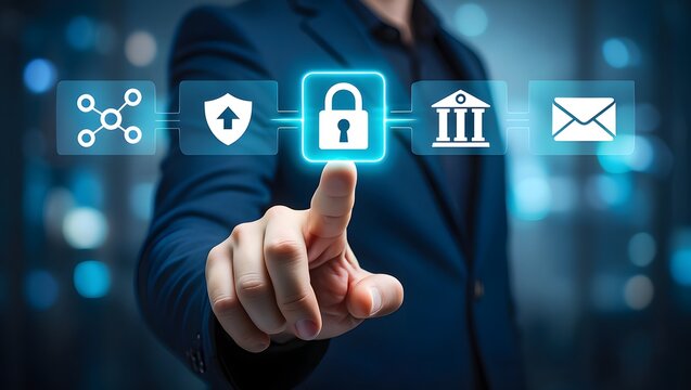Cybersecurity and privacy concepts to protect data. Lock icon and internet network security technology. Businessman protecting personal data on smartphone, virtual screen interfaces. Cybersecurity.