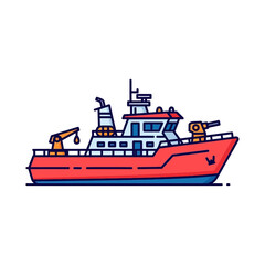 Fototapeta premium A vibrant cartoon illustration of a modern red and blue fishing vessel, showcasing its detailed deck equipment and sturdy design, perfect for nautical themes.