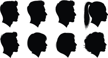 Collection of diverse head silhouettes profiles of men and women with various hairstyles, a graphic set for design and illustration