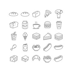 Food Icons Bread Pizza Milk Coffee Burger Salad Hot Dog Ice Cream Cheese and More  Vector Illustration