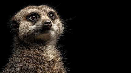 Obraz premium Close-up of a meerkat with soulful eyes, set against a stark black backdrop, creating a dramatic effect