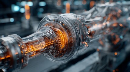 A detailed view of a transparent mechanical gear system with glowing internal components showing intricate parts and engineering precision.