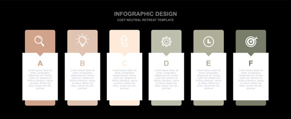 Neutral tone six step process infographic with clean design. Professional business timeline for project, marketing, and report. Cozy Neutral Retreat theme.