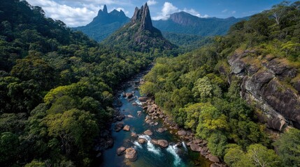 Lush valley with a winding river, towering peaks, and dense forest