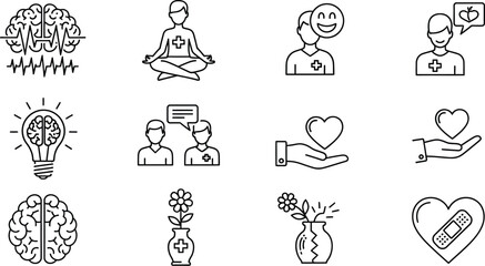 Collection of minimalist line icons representing mental health, wellness, and emotional support, conveying concepts of mindfulness, empathy, and personal growth