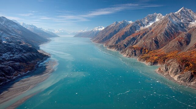 High-angle view of a fjord, surrounded by snow-capped mountains and colorful fall foliage