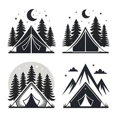 Obraz premium Four stylized illustrations of camping tents in a forest at night
