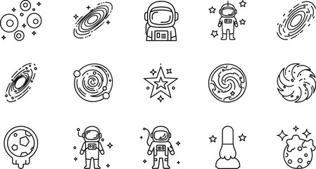 Collection of space icons featuring galaxies, astronauts, and planets, representing cosmic exploration, scientific discovery, and wonders of universe