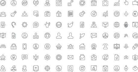 Collection of thin line icons representing various aspects of business, communication, and social networking