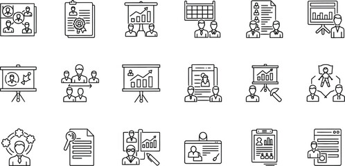 Collection of thin line icons representing various aspects of business, communication, and social networking