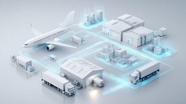 A digital logistics network integrates airplanes, trucks, warehouses for efficient supply chain management and cargo delivery.