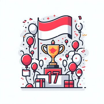 Celebration of Victory with Trophy, Balloons, and National Flag