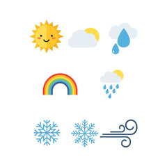 Weather forecast icons set featuring sun, cloud, rain, snow, and moon symbols for meteorology and climate design