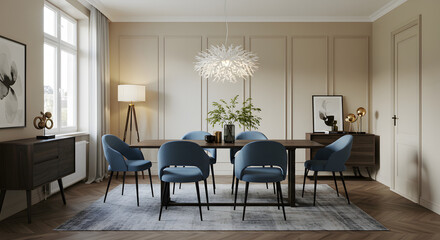 Fototapeta premium Elegant Dining Room: A Modern Interior with Blue Velvet Chairs and a Designer Chandelier
