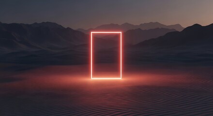 Glowing rectangular portal in a dark desert landscape at dusk