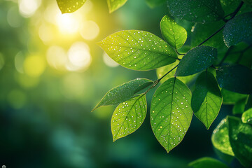 Sunlight filters through dewy green leaves, each drop a tiny jewel. This image symbolizes growth, renewal, and the life-giving power of nature, a tranquil moment of fresh beginnings.