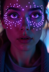 Woman with glowing dots on face in neon light
