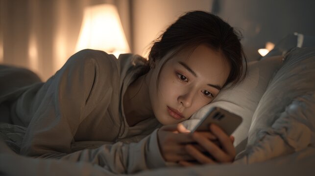 A young woman lies in bed, looking at her smartphone screen in the dim light of night, indicating late-night device usage.