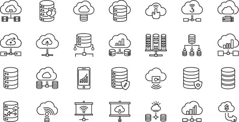 Set of thin line icons depicting cloud computing, data storage, and network infrastructure