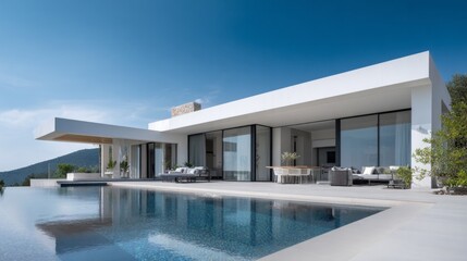 A large white house with a pool and a patio