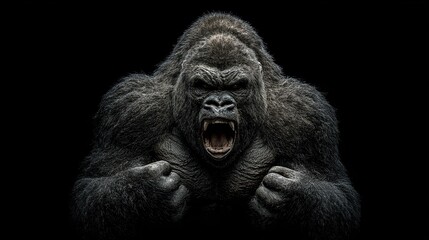 Angry gorilla roars with menacing eyes in dark, intense wildlife portrait