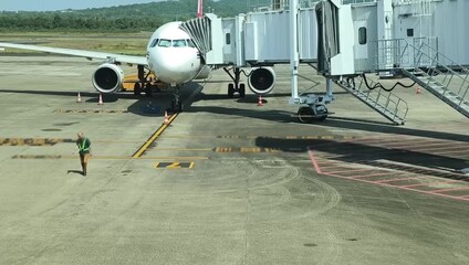 Time—lapse footage of aircraft ground handling at the airport gate - docking with a teletrap, actions of ground staff and operations with luggage, filmed in accelerated mode. - Powered by Adobe