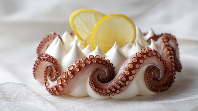 Gourmet octopus dish, creamy base, lemon slices, elegant presentation - Powered by Adobe