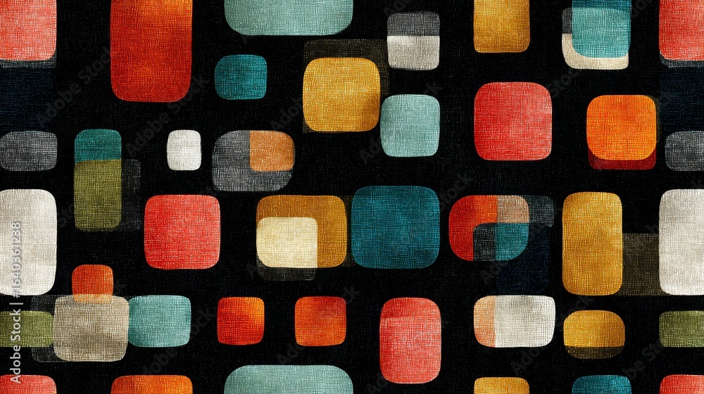 Poster a vibrant black background features a retro abstract pattern of colorful geometric squares and recta