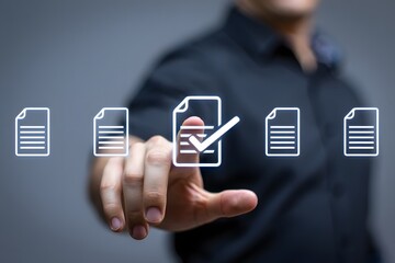 Businessman touching on virtual screen to tick mark document for online approve paperless quality assurance and ERP management, Prepare check and approve concept. Document management, paperless.