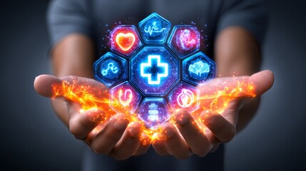 A man is holding a blue and red cube with a heart and a cross on it