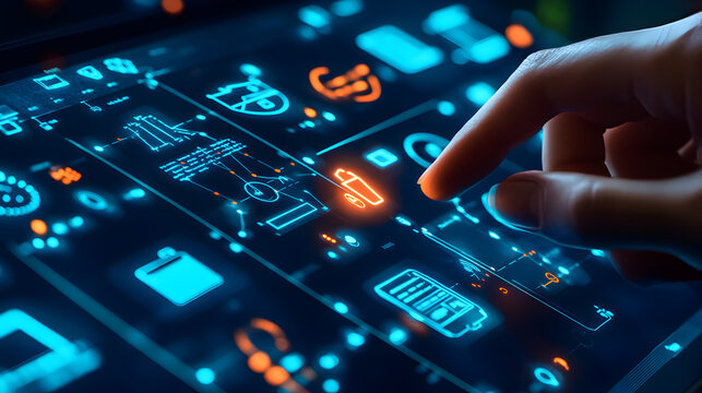 A finger touching a glowing screen with digital icons and diagrams in blue and orange colors close up view