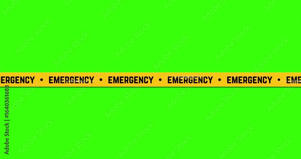 Poster design of a yellow containment tape with the word emergency moving from left to right on a green bac