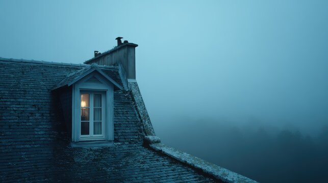 Cozy Attic Window Illuminated in Misty Twilight Landscape