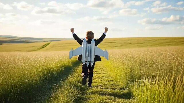 Vector art of young boy in suit with cardboard wings running through a golden field embodying dreams of flight and success