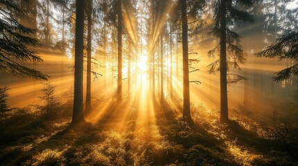 Obraz premium A forest covered in morning mist, with golden rays of sunlight filtering through tall trees, creating a peaceful and magical scene. Real photo, stock photography.