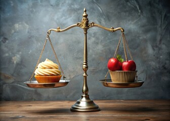 Vintage Brass Scales Balancing Red Apple and Vanilla Cupcake on Gray Background