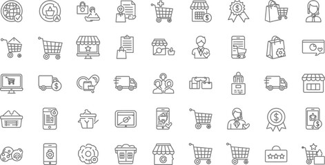 Online shopping and ecommerce icons set featuring cart, store, payment, delivery, and customer service for web and mobile design